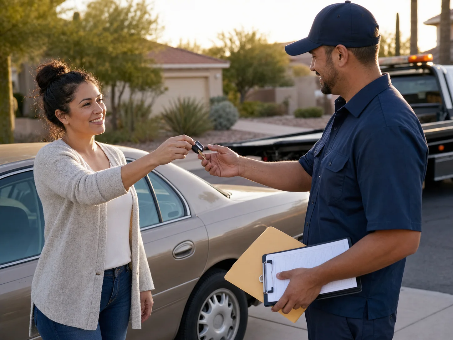 A Phoenix vehicle owner handing car keys to a tow operator