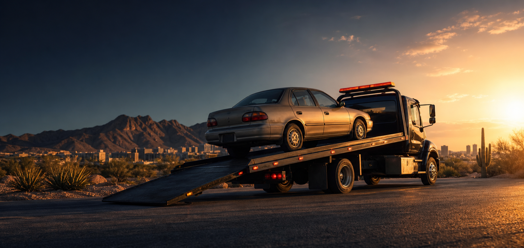 A vehicle being collected by a flatbed tow truck in Phoenix