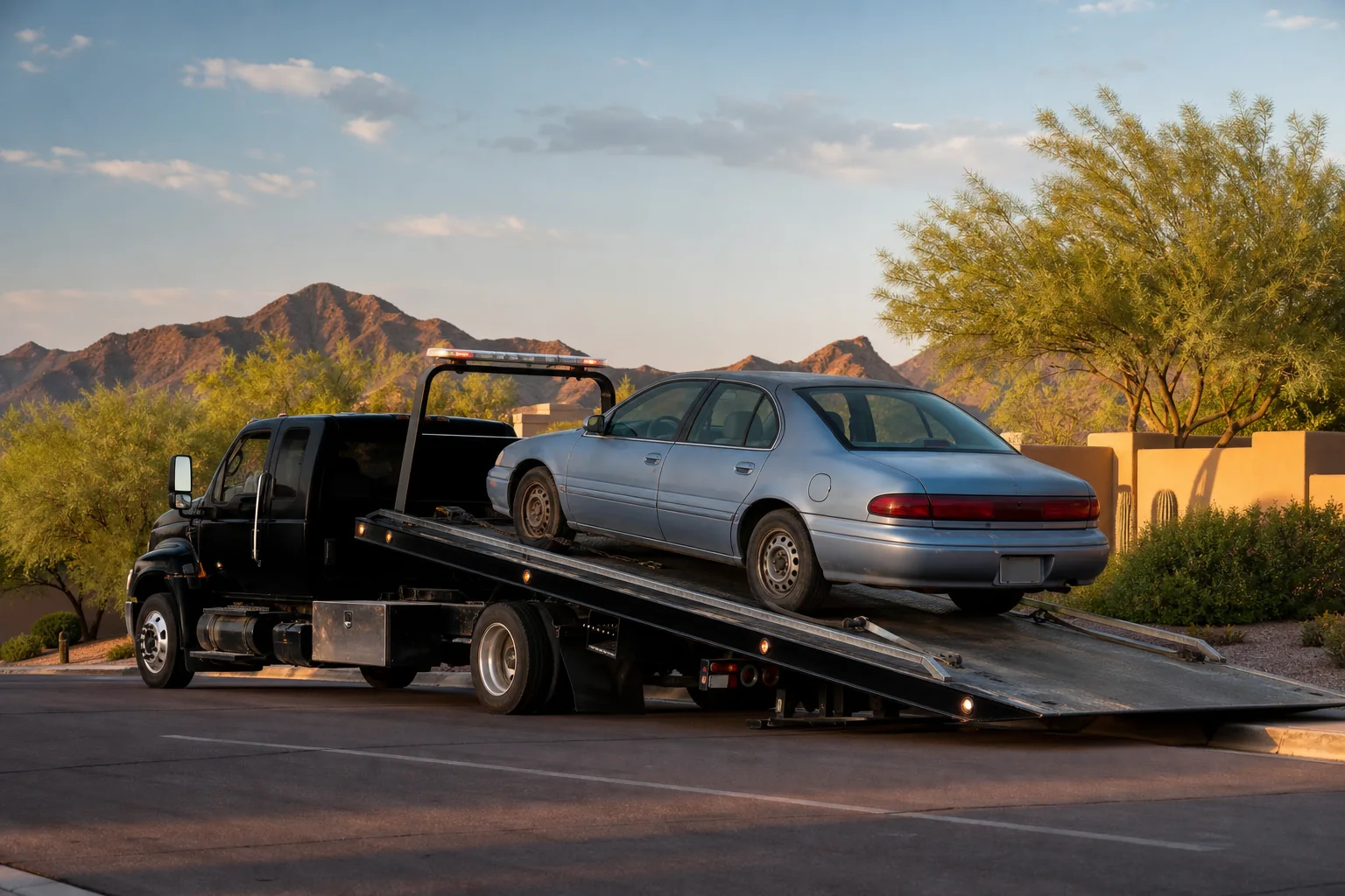 A flatbed tow truck collecting an older sedan in Phoenix